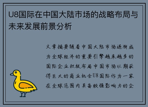 U8国际在中国大陆市场的战略布局与未来发展前景分析